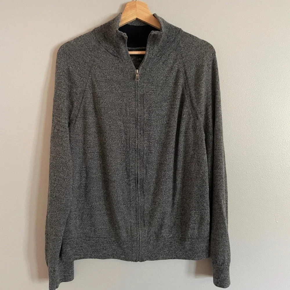 Banana Republic Full Zip Sweater Mens L Gray 100% Merino Wool Mock Neck Classic